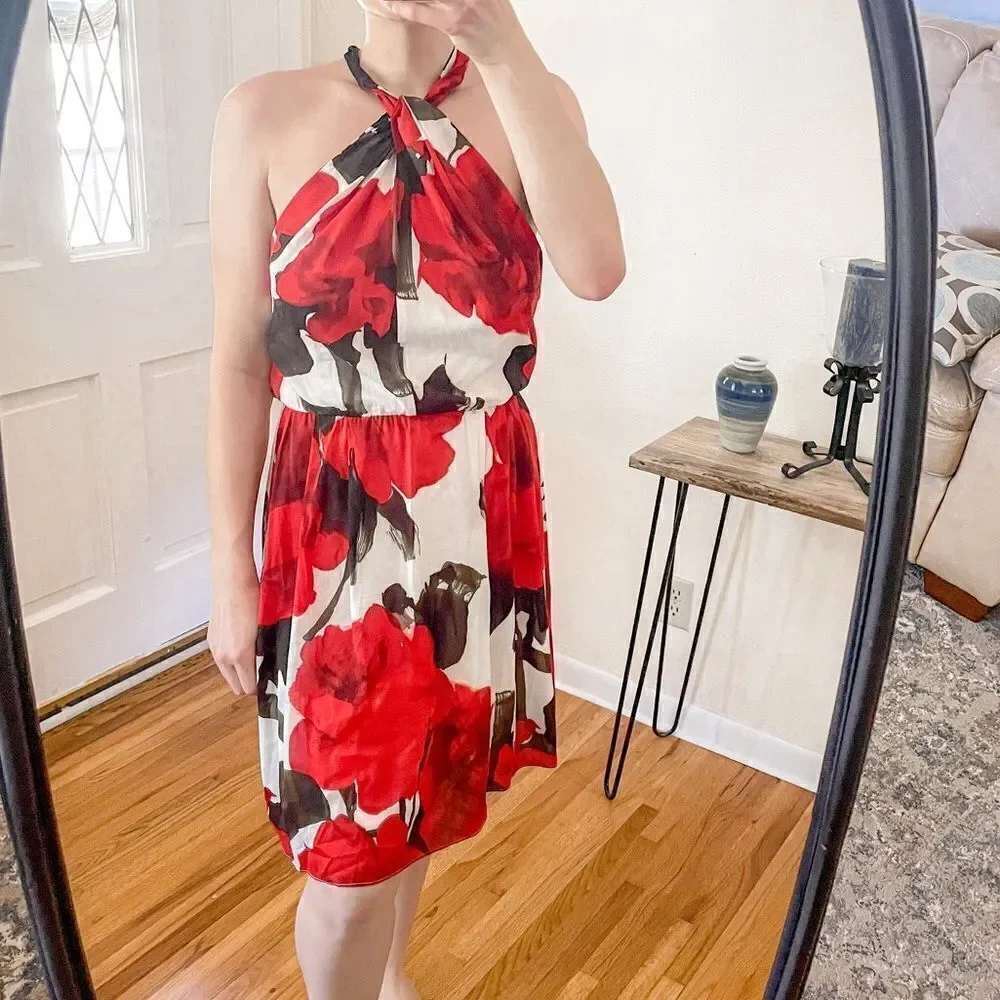 Alice + Olivia Halter Twist Neck Mini Dress Red Floral L - Picture 7 of 7